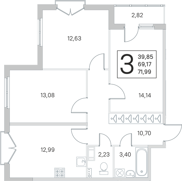 3-комнатная квартира 69.17 м², 3/4 эт., ЖК «Любоград в Стрельне»